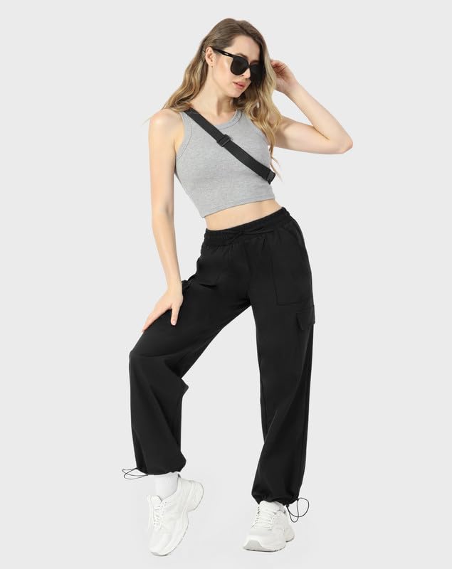 Keriffe Baggy Cargo Pants Women Parachute Hiking Wide Leg Pants Medium Black