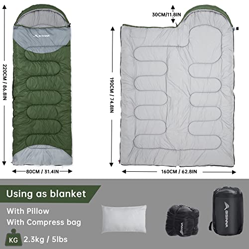 Winter Sleeping Bag for Adults with Pillow - 0°C, Green, 2.3kg Zipper