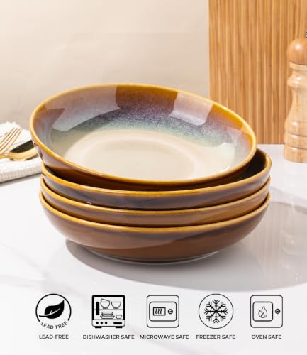 Ceramic Pasta Bowls Set of 4 - 9 Inch, 38oz Large Stoneware, Khaki