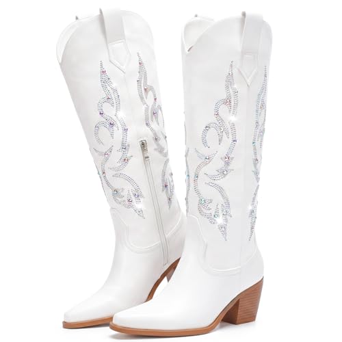 Platikly Women's Creamy White Cowboy Boots - Wide Calf Rhinestone Tall Western Boots, Side Zipper, Embroidery, Glitter Sparkle, Retro Cowgirl Footwear