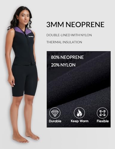 Purple 3mm Sleeveless Neoprene Wetsuit Top for Women - Water Sports Vest with Front Zip