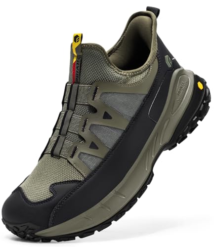 FitVille Extra Wide Slip-On Sneakers for Men - Khaki Green, 11.5 X-Wide, Comfortable Hiking & Walking Shoes with Arch Support