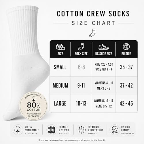 Winterlace Unisex Crew Socks Large White 72 Pairs Moisture-Wicking Cotton