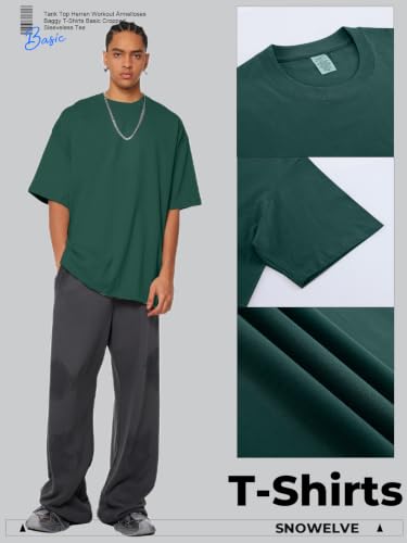 Men's Oversized Heavyweight Cotton T-Shirt Crew Neck Short Sleeve Basic Tee - Large Dark Green