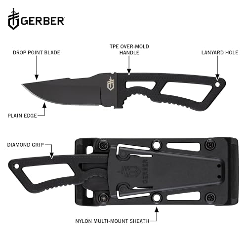 Fixed Blade Survival Knife with 3.3-Inch Drop Point Blade, Stainless Steel, Black Coating