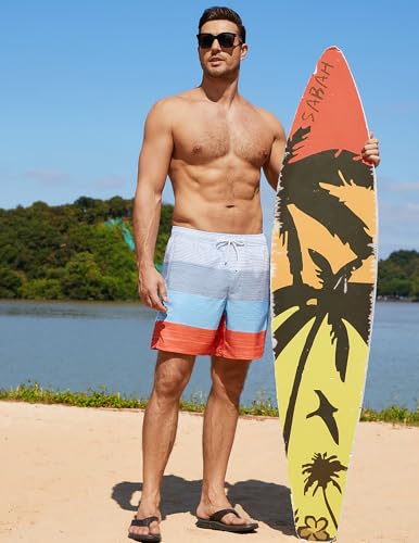 Men's 7-Inch Quick Dry Tricolor Stripe Swim Trunks with Mesh Lining - Large