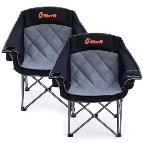 Black 2 Pack Heavy Duty Folding Camping Chairs - Padded & Wide Seat, Supports 500lbs