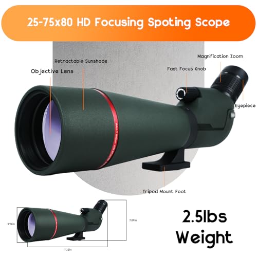 25-75x80 HD Spotting Scope with BAK4 Prism Waterproof Phone Adapter & Carrying Bag