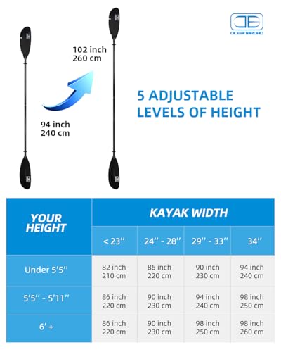 OCEANBROAD Adjustable Kayak Paddle - 94in Black with Aluminum Shaft & Leash