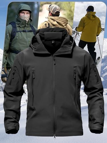 Men's Fleece Softshell Jacket Waterproof Winter Tactical Hooded - Large, Black