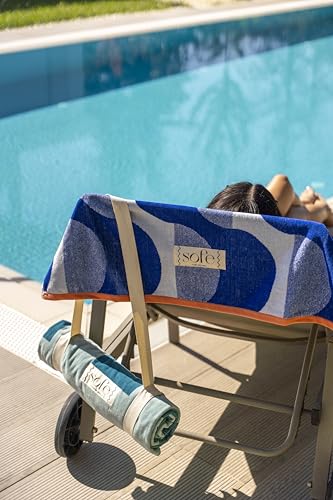 SOFE H&L Playa Velour Large Beach Towels Set of 2 - Waves Blue, 35"x70" Luxury Turkish Pool Towels with Shoulder Strap