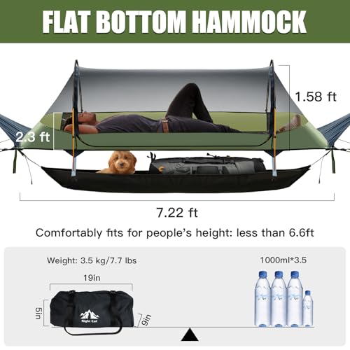 Night Cat Army Green Flat Lay Camping Hammock Tent with Mosquito Net & Rainfly, Supports 330LBS