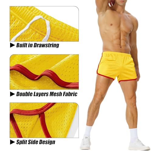 Men's Mesh Running Shorts 3 Inch Quick Dry Athletic Gym Shorts - Large / Yellow