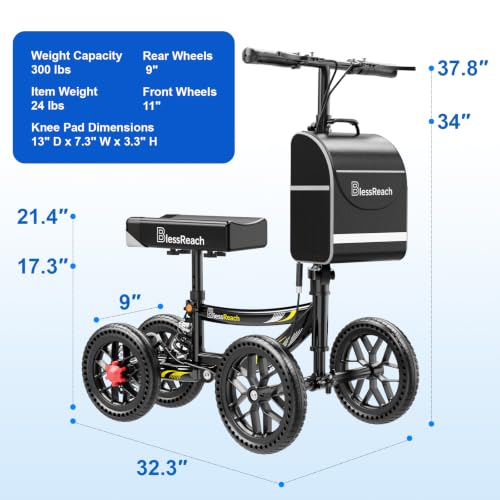 BlessReach All Terrain Knee Scooter for Adults - Shiny Black, 11” Big Wheels, 300 lbs