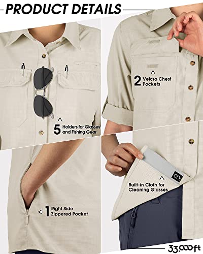 Women's UPF 50 Sun Protection Shirt Long Sleeve Outdoor Fishing Hiking Safari - Medium Light Khaki
