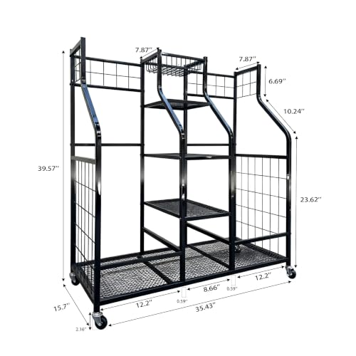 Heavy Duty Steel Golf Bag Storage Rack with Wheels & Accessories Shelf