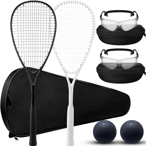 Seenelling 2 Pack Beginner Squash Rackets Set Black & White with Safety Goggles & Balls