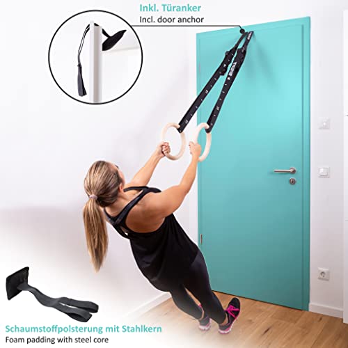 Pullup & Dip Wooden Gymnastic Rings Set with Wide Straps & Door Anchor - Calisthenics & Crossfit Equipment for Indoor & Outdoor Training