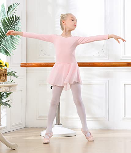 Girls Ballet Leotard Long Sleeve Dance Dress - Pink 6-8 Years