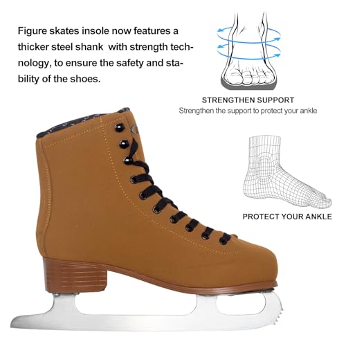 Nattork Figure Skates for Boys & Girls Brown Leather 11 Women / 10 Men - Stainless Steel Blades, Reinforced Support, Comfort