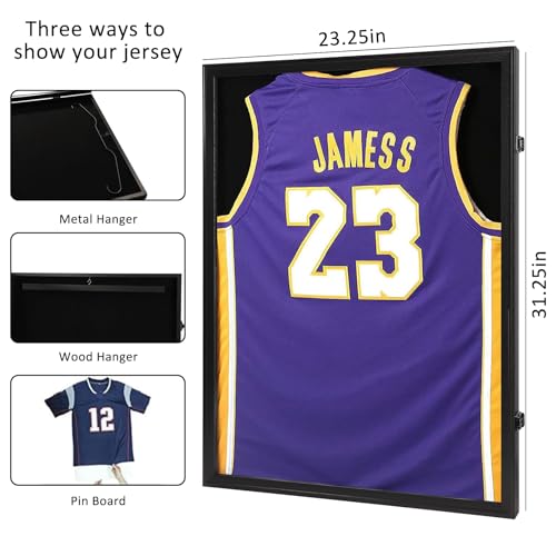 Black Jersey Display Case with Locks, UV Protection Acrylic, 3 Display Options, 31.25x23.25 Inches - Black Frame 1 Pack