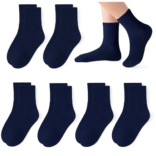 Kids Socks Boys Girls Athletic Crew Socks Seamless Toe Cotton 6 Pairs - Medium Navy