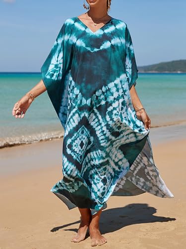 Turquoise Geometric Tie Dye Kaftan Dress - Plus Size Beach Cover Up