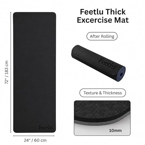 Feetlu Black & Gray Extra Thick 10mm Yoga Mat 72x24 Non-Slip with Carry Strap