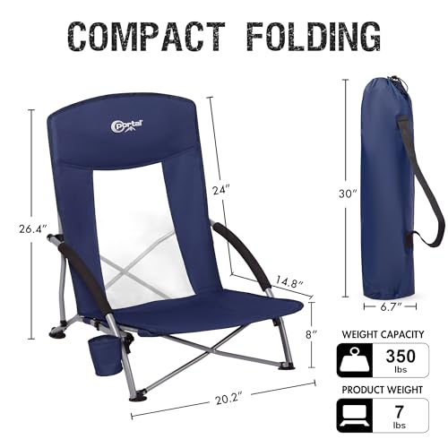 Portable Beach Chair for Adults - Deep Blue 2-Pack Lightweight Folding Camping Chair with Cup Holder & Mesh Back Support