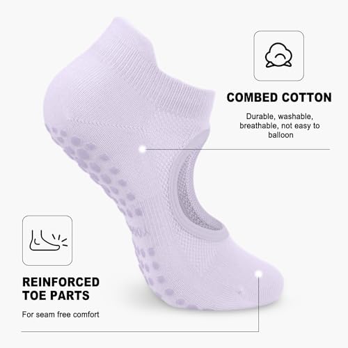 Non-Slip Pilates Socks for Women - Black, White, Green, Purple, Beige - 5 Pairs