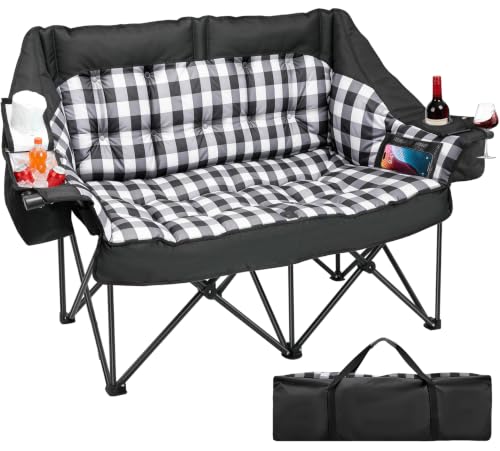 Oversized Double Camping Chair with Padded Seat & 2-in-1 Drink Cooler - Black