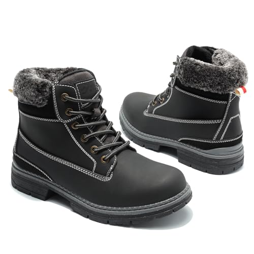Snow Hiking Winter Boots for Women - Casual Lightweight Combat Work Boots Fur-Lined Ankle Fashion Backpacking Leather Shoes 9, Black
