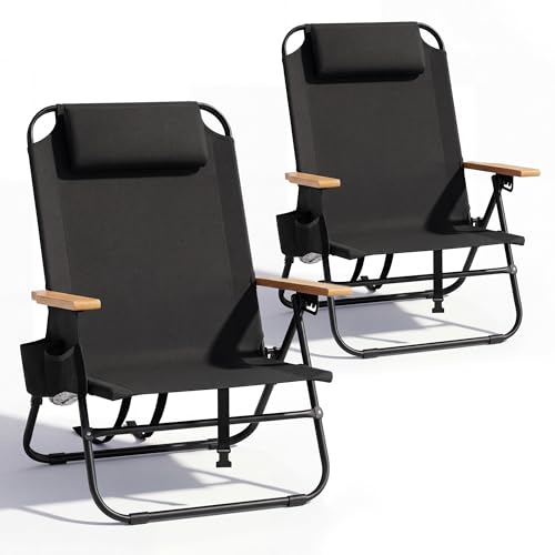 Canpsky 2-Pack Portable Beach Chairs for Adults, Lightweight Folding Camping Chairs with Wooden Armrests, 5-Position Recline, Cup Holders, Black