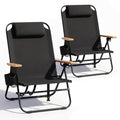 Canpsky 2-Pack Portable Beach Chairs for Adults, Lightweight Folding Camping Chairs with Wooden Armrests, 5-Position Recline, Cup Holders, Black