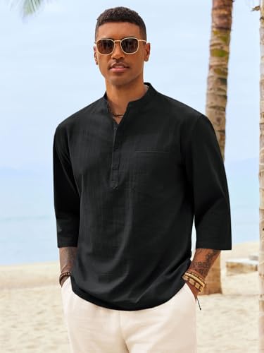 Men's Casual Linen Henley Shirt - 3/4 Sleeve Summer Beach T-Shirt Large Black
