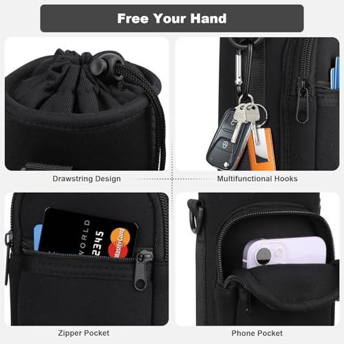 Crossbody Water Bottle Holder with Strap & Phone Pocket - Black, 40 Ounces