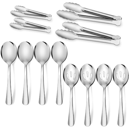 Silver 12-Piece Stainless Steel Serving Utensil Set with Tongs & Spoons