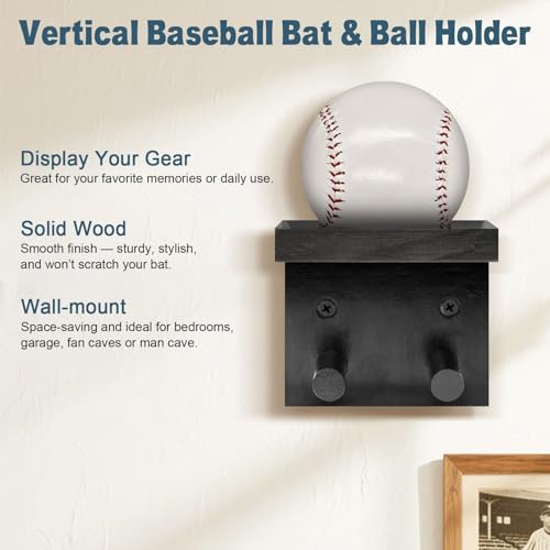 Wall Mount Baseball Bat & Ball Display Rack - Solid Wood Sports Collector Organizer