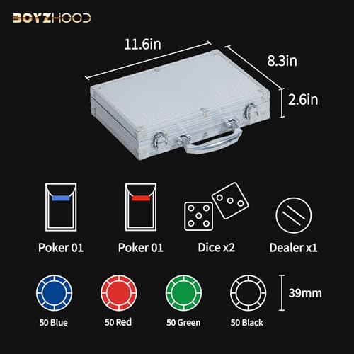 Boyzhood Poker Chips Set 200 Pcs with Aluminum Travel Case - 11.5 Gram Casino Quality