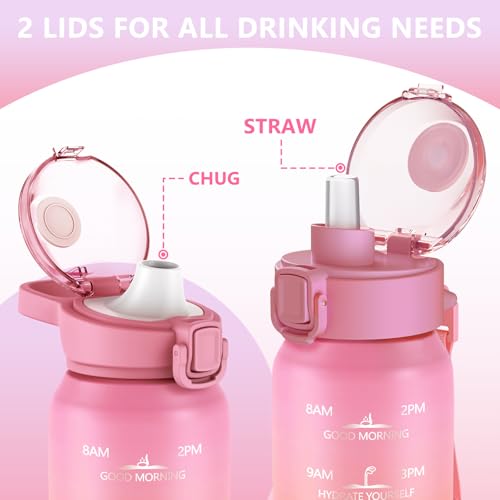 Insulated 32oz Water Bottle with 2 Lids - Pink & White, Double Wall Stainless Steel
