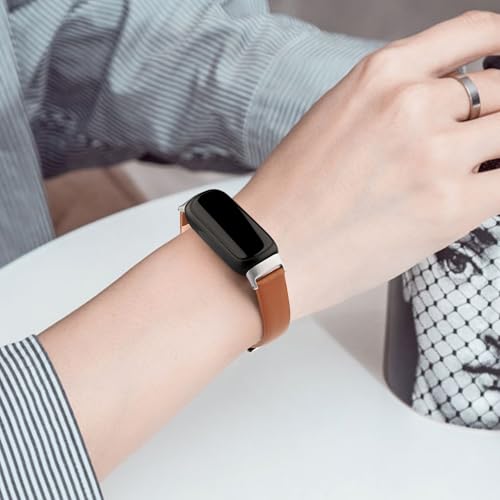 Vancle Leather Band for Fitbit Inspire 3 - Brown Genuine Leather Strap for Inspire 2 & HR