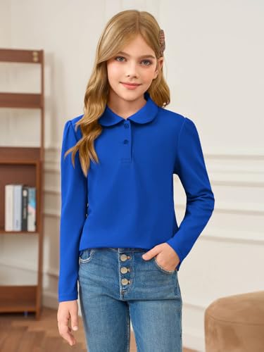 Girls Long Sleeve Polo Shirt with Peter Pan Collar - School Uniform Top, 9-10 Years Royal Blue