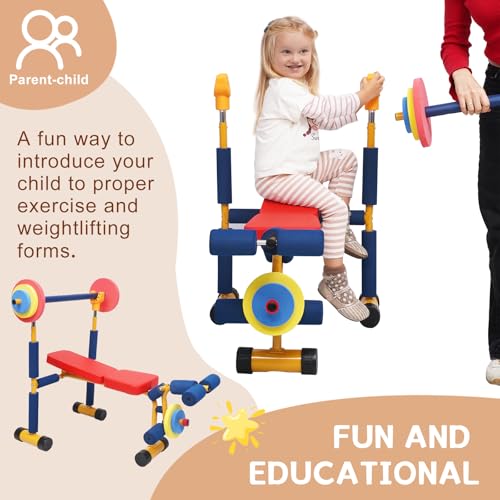 Kids Workout Bench Set with Adjustable Barbell and Soft Foam Padding - Indoor Play Gym for Ages 3+