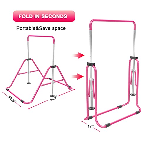 Pink Adjustable Kids Gymnastics Bar for Home, Foldable & Stable Training Equipment