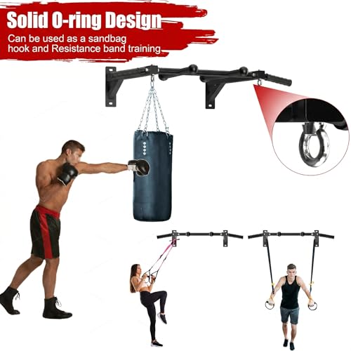 HWOOUSA 24'' Wall Mount Heavy Duty Steel Pull Up Bar | Multi Grip Home Gym Equipment