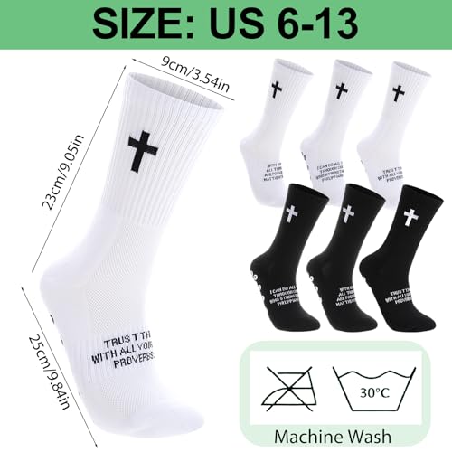 Soccer Socks with Bible Verse - Unisex Cross Embroidered Athletic Socks, Size 6-13, White/Black, 6 Pairs
