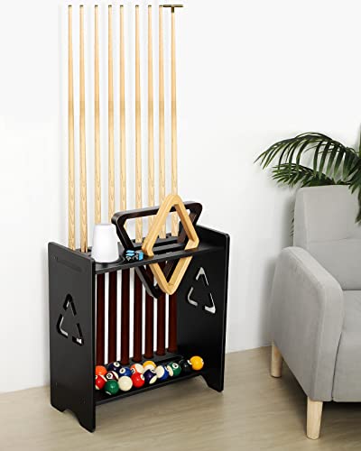 Pool Cue Stick Floor Stand Holder with Cone Chalk - Black, Wood