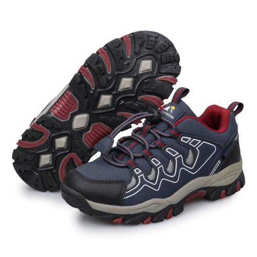 Kids Hiking Shoes Waterproof Slip-Resistant Outdoor Trekking Sneakers - Big Kid Navy Blue Red 3.5