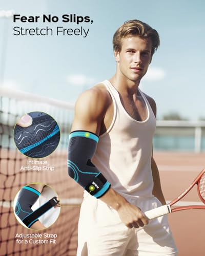 Elbow Brace Compression Sleeve with Straps - Blue Medium - Rakiie 2 Pack