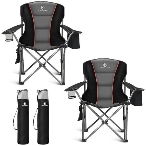 ALPHA CAMP Twin Pack Oversized Folding Camping Chairs with Cooler, Side Pocket & Cup Holder, Heavy Duty Support 450 LBS, Black